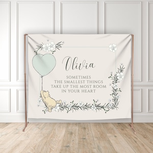 Pooh Balloon Vinyl Backdrop - Custom Quote & Name - Floral Border - Birthday Baby Shower Decor - Pooh Bear - Pooh and Friends