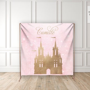 Gold Princess Castle Backdrop with a Pink Dreamy Background, Fairytale Birthday, Once Upon a Time, Pink Princess, Princess Birthday