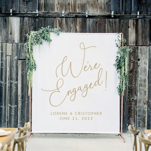 We're Engaged Backdrop, Engagement Sign, Gold and White, Personalized, Engagement Party Decor