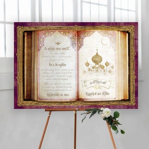 Arabian Nights Welcome Sign - Vintage Book Decor - Custom Text - Moroccan Wedding - Purple Gold - Jasmine Princess