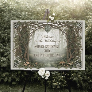 Signo de bienvenida de boda élfica - Sensación celta medieval - Arte del bosque encantado - Personalizado con nombres - Boda de fantasía - Marrón y verde