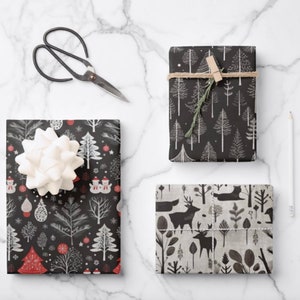 Whimsical Woodland Christmas Wrapping Paper Sheets - Black & White Animals, Trees, Snowman - Three Patterns - 20x29-Inch Matte
