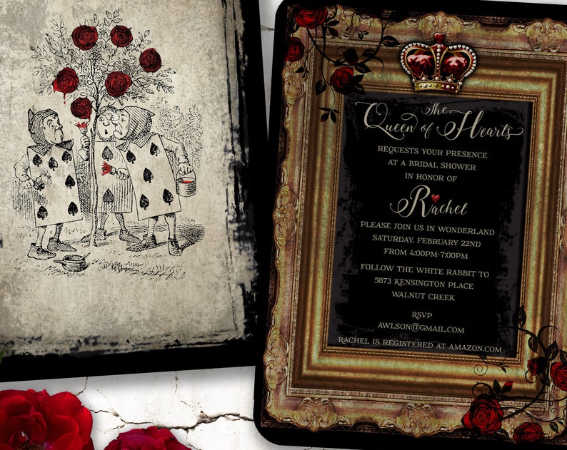 Queen of Hearts Invitation Wonderland Party Dark Alice in Wonderland Invitation Red Rose Invitation Crown Invitation