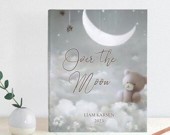Over the Moon Baby Guest Book - Gray Teddy Bear Moon - Personalized Name & Date - Baby Quote - 8.25" x 10.5" - Blank 100 white pages