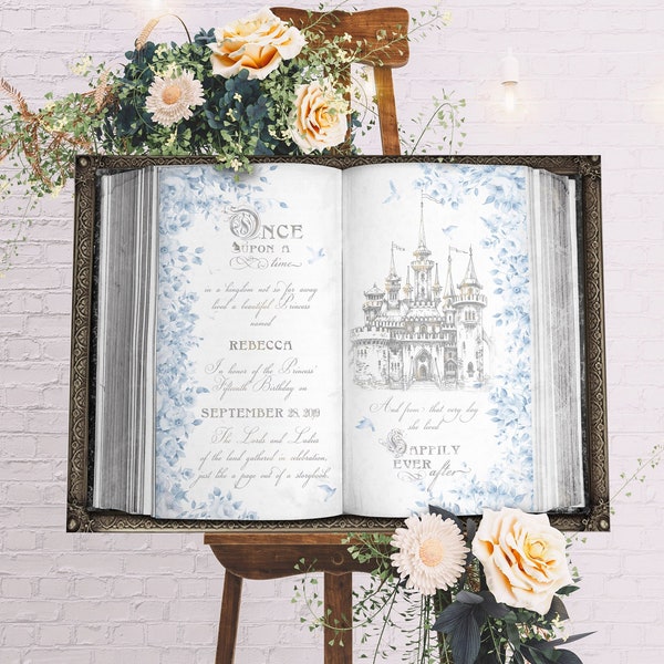 Personalized Vintage Birthday Welcome Sign - Fairytale Castle - Blue Floral Decor - Sweet 16/Quinceañera - Open Book Art