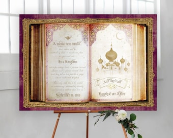 Arabian Nights Welcome Sign Storybook, Purple and Gold Moroccan Princess Themed Wedding, Fairytale