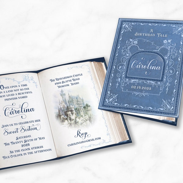 Fairytale Castle Birthday Invitation, Storybook Invitation, Baby Shower, Blue Princess Invitation, Book Invitation, Quinceanera, Bridal