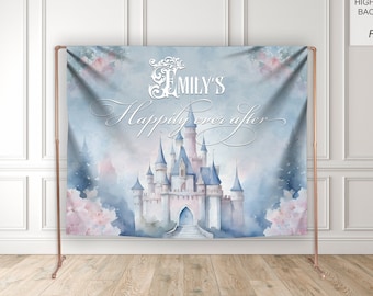 Castle Backdrop with a Cinderella Theme in Pale Blue & Pink - Personalized - Perfect for First Birthday, Fairytale Baby or Bridal Showers