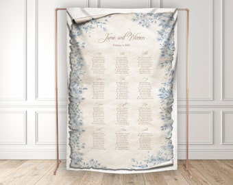 Scroll Seating Chart Backdrop - Antique Wedding with a Blue Floral Border - Fairy Tale and Once Upon a Time Theme