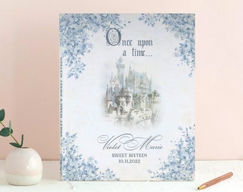 Elegant Blue Floral Fairytale Castle Guest Book - Personalized Name & Date - Fairytale Quote - 8.25" x 10.5", 100 Blank Pages