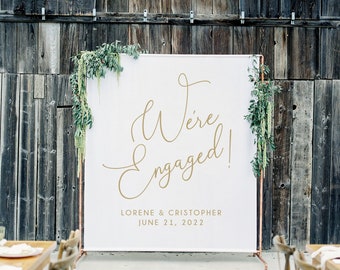 We're Engaged Backdrop, Engagement Sign, Gold and White, Personalized, Engagement Party Decor