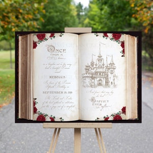 Beauty and the Beast Inspired Birthday Welcome Sign - Open Book Design - Red Flowers - Gold Castle - Personalized - Once Upon a Time