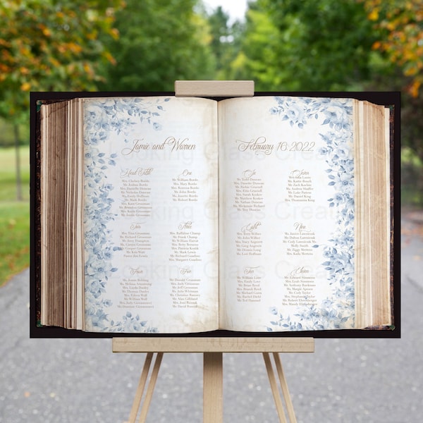 Fairytale Book Seating Chart with Blue Flowers, Storybook Wedding, Princess Bridal Shower Sign, Quinceanera