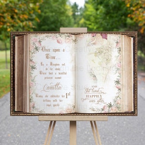 Rapunzel Birthday Welcome Sign with Pink Flowers, Fairytale Book for a Sweet Sixteen or Quinceanera, Once Upon Time, Princess Birthday