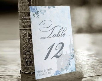 Fairytale Table Numbers, Castle Table Decor, Cinderella Table Number, Printed Table Number, Blue Wedding Table Decor, Custom Table Numbers
