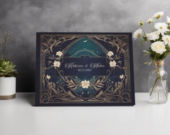 Wedding Guestbook Ethereal Navy Blue  - Art Nouveau Border - Custom Names - Romantic Quote - Ivory Florals - 10.9" x 8.75" - 80 blank pages