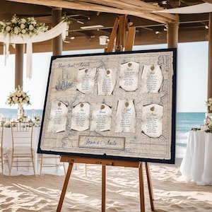 May include: A vintage-style wedding seating chart with a nautical theme. The chart features a map with a ship sailing on it. The names of the guests are listed on individual tags, each with a number representing their table assignment. The chart is titled "Your Seat Awaits" and is signed "Jason & Anita".