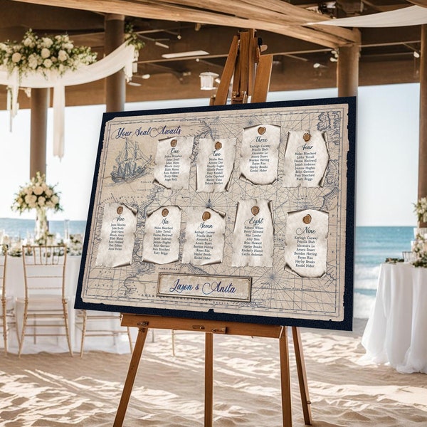 Nautical Seating Chart - Navy Blue - Beach Wedding - Find Your Seat Sign -  Ocean - Nautical Map