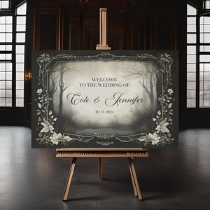 Signo de bienvenida a la boda en un tema de bosque oscuro - Sensación élfica - Arte del bosque encantado - Personalizado - Boda de fantasía - Oscuro y de mal humor