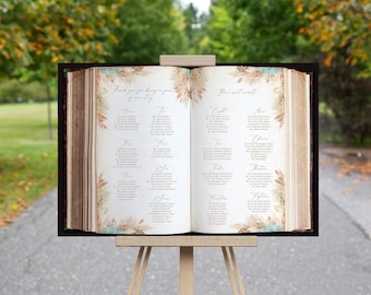 Plano de asientos para boda estilo bohemio, diseño de libro abierto, hierba de la Pampa