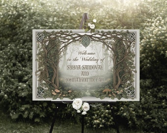 Elvish Wedding Welcome Sign - Medieval Celtic Feel - Enchanted Forest Art - Personalized with Names - Fantasy Wedding - Brown and Green