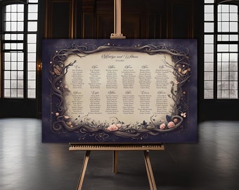 Seating Chart Enchanted Forest Theme in Navy Blue and Pink | Woodland Fairy Wedding Decor | Dark and Moody | Beauty and the Beast Inspired