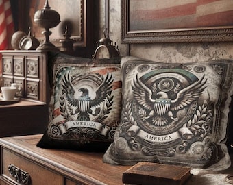 Americana Eagle Shield Pillow – Vintage Colonial Decor, Patriotic Gift