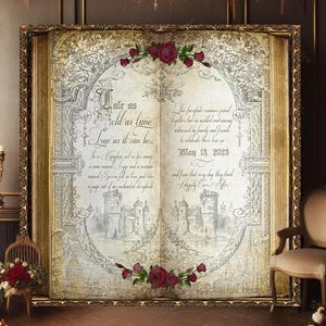 Vintage Fairytale Red Rose Backdrop - Open Book Design - Once Upon a Time - Beauty and the Beast Inspired - Gold Script Font
