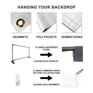 May include: Diagram showing how to hang a backdrop using a backdrop stand, command hooks, or by tying it to a structure. The diagram shows a backdrop with grommets, pole pockets, and hemmed edges.