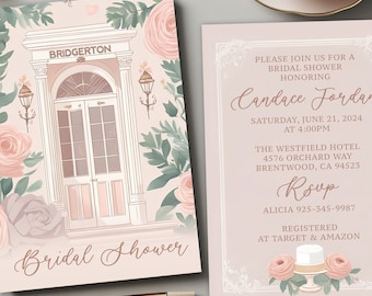 Bridal Shower Invitations - Blush Pink Bridgerton Inspired  - Elegant Victorian Manor Design - Pink Florals - Printed - Envelopes Included