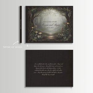 May include: A dark green and brown illustrated wedding guest book with a forest scene and mushrooms. The text "Our Love Story Megan and Ryan 10.12.2024" is printed on the front cover. The back cover has a quote about love and a woodland setting.