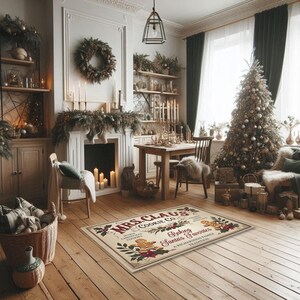 May include: A Christmas-themed doormat with a vintage design featuring the text "Mrs. Claus Cookie Co." and "Baking Santa's Favourites." The doormat is beige with red, green, and brown accents.