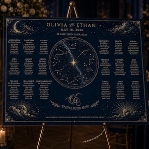 May include: A dark blue wedding seating chart featuring gold celestial illustrations, a central star map, and the text Olivia & Ethan May 18, 2026, Please Find Your Seat, Written In The Stars, and I Have Loved The Stars Too Fondly To Be Fearful Of The Night.