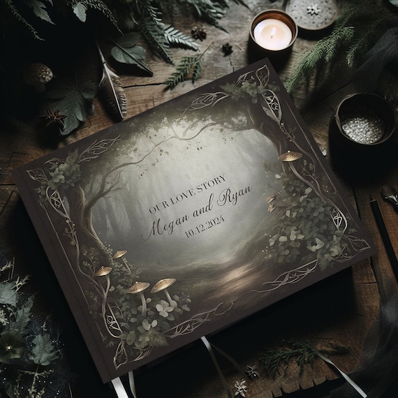 Mushroom Forest Wedding Guest Book, Dreamy Enchanted Forest Theme, Dark and Moody Woodland, Customized, 10.9" x 8.75", 80 blank pages