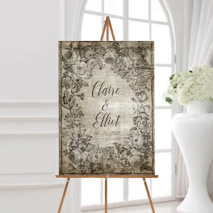 Signo de bienvenida de boda con una ilustración floral del bosque - Personalizado - Rústico - Bosque Encantado - Boda al aire libre - Esquema de color neutro