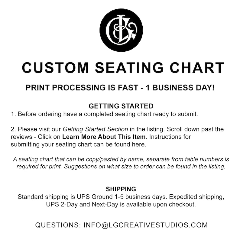 May include: Black and white text on a white background. The text reads "CUSTOM SEATING CHART" and "PRINT PROCESSING IS FAST - 1 BUSINESS DAY!"  Below the text is a list of instructions for ordering a custom seating chart.