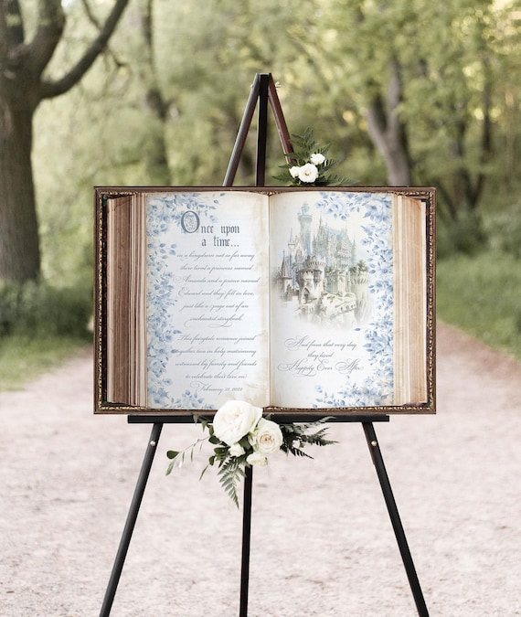 Fairytale Castle Art with Blue Flowers, Open Book Once Upon a Time Wedding, Bridal Shower