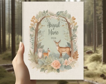 Boho Woodland Forest Baby Shower Guestbook - Watercolor, Animals - Custom Name & Date - Blush Pink, Green - 8.25" x 10.5", 100 blank pages