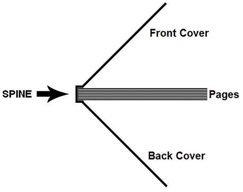May include: Diagram showing the parts of a book. The spine is on the left, the pages are in the middle, and the front and back covers are on the right.
