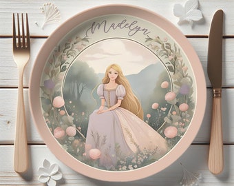 Custom Princess Plate, Rapunzel Gift, Blush Pink Flowers, Fairytale, Plates for Kids, Pink and Purple, 10" Diameter, Made in USA