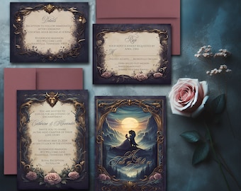 Beauty and the Beast Wedding Invitation Set, Dark & Moody theme - Printed - Double Sided - Free Shipping - 5x7" Card, Envelopes Included