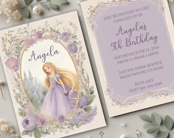 Whimsical Rapunzel Themed Invitations - Double Sided - Free Shipping - 5x7" Size - Customizable - Envelopes Included - Purple Flowers