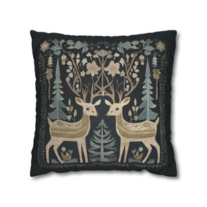 Holiday Deer Throw Pillows - William Morris Style - Folk Art, Whimsical, Elegant - Dark Blue, Beige - Deer, Flowers, Pine Trees