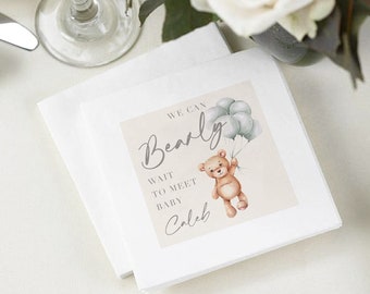 Personalized Teddy Bear Baby Shower Napkins - We can Bearly wait to meet baby - Custom Luncheon & Beverage Sizes - Set of 100