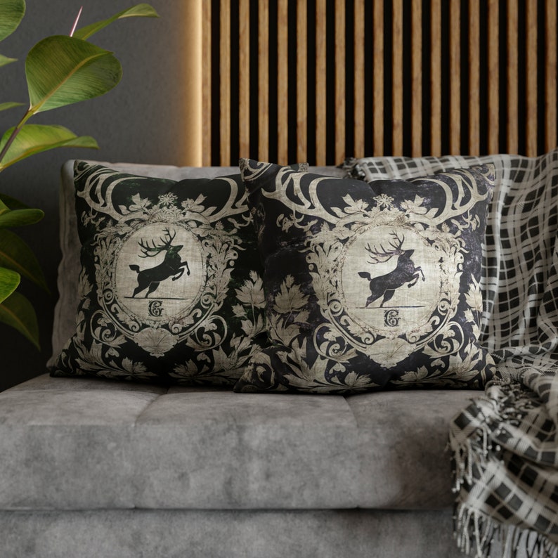Ornate Stag Christmas Pillows - Dark Green or Dark Gray - Elegant and Personalized Holiday Decor - Vintage Feel