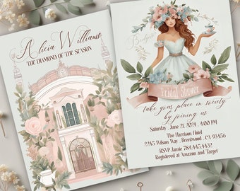 Bridal Shower Invitations - Bridgerton Inspired Regency  - Elegant Manor Design - Customizable - Pink and Green - Envelopes Included