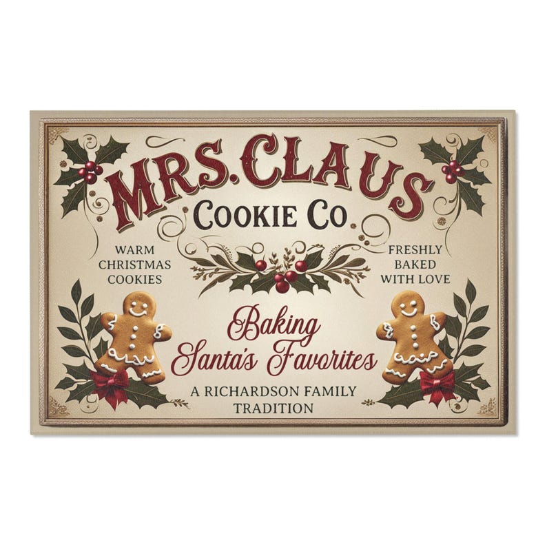 May include: A vintage-style sign with the text "MRS. CLAUS Cookie Co." in red and black lettering. The sign features a red and green holly wreath with berries, two gingerbread men, and the text "Baking Santa's Favorites A RICHARDSON FAMILY TRADITION".