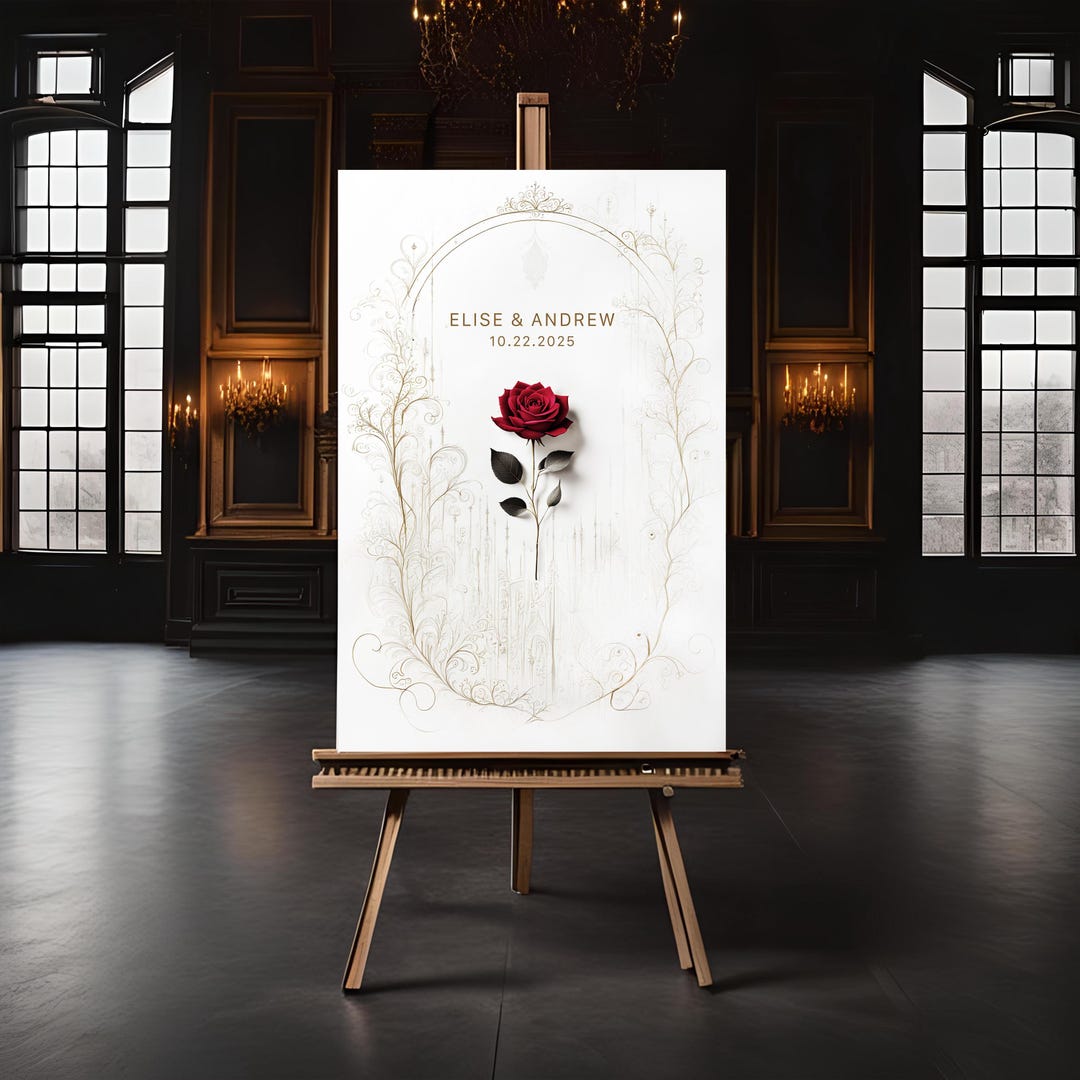Minimalist Red Rose Wedding Welcome Sign | Gold White Enchanted Floral ...