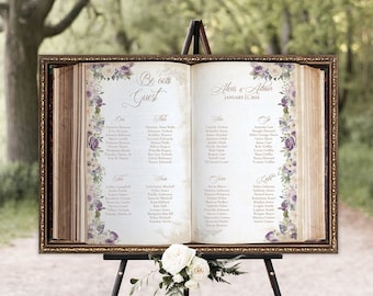 Book Seating Chart with Lavender Florals for a Fairytale Wedding, Quinceanera, Once Upon a Time Birthday