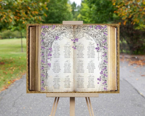 Rapunzel Storybook Wedding Seating Chart, Purple Floral Open Book Design